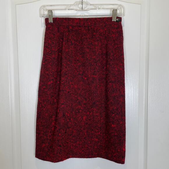 Celine Vintage Tweed Skirt Red Made in France 100% Wool Straight Midi 36 2 / 4 - Picture 1 of 6